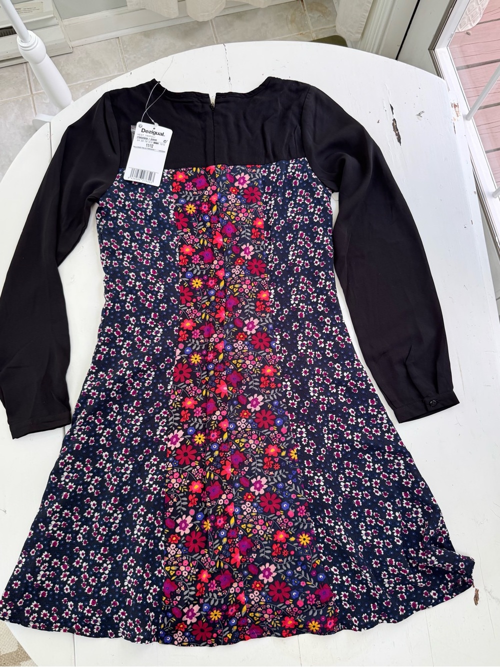 Desigual Navy Dress with Black Long Sleeves and Bright Floral Panel